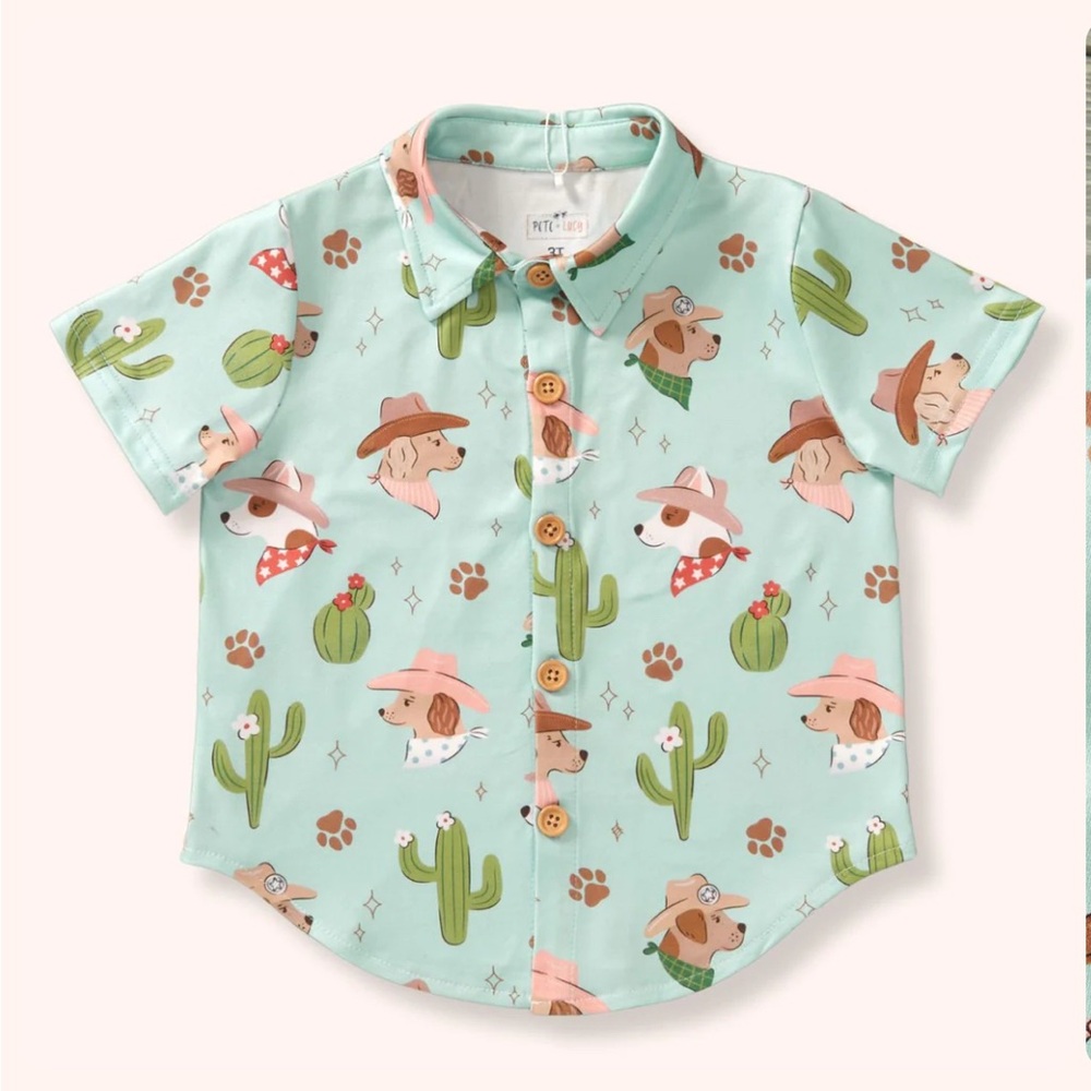 Playful Kids Button-Down Shirt with Dog and Cactus Print